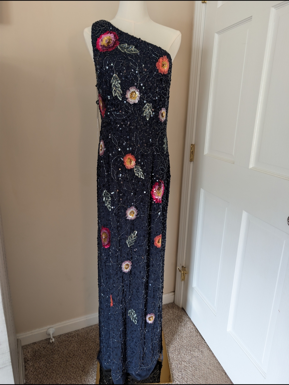 NWT Adrianna Papell One-Shoulder Floral Beaded Sequin Formal Gown Navy Size 8 - Picture 1 of 9